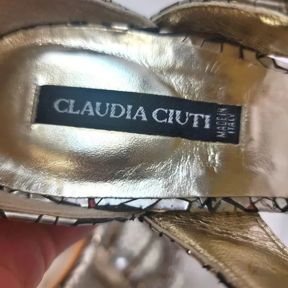 CLAUDIA CIUTI Silver Italian Mirror Mosaic Platform Heels Rhinestone Buckle Glam